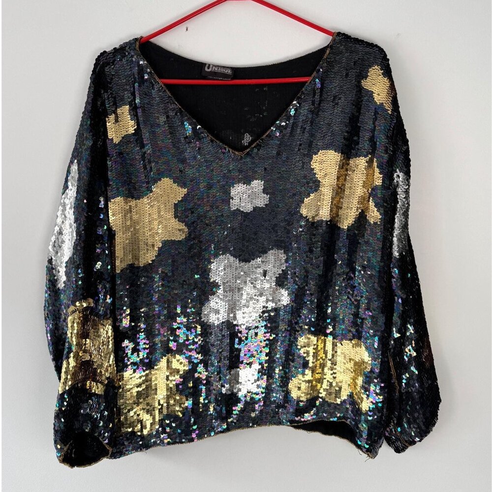 90s vintage metallic iridescent sequin pure silk formal evening blouse tunic